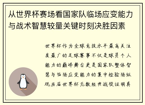 从世界杯赛场看国家队临场应变能力与战术智慧较量关键时刻决胜因素